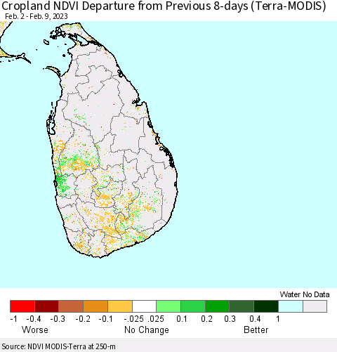 Sri Lanka Cropland NDVI Departure from Previous 8-days (Terra-MODIS) Thematic Map For 2/2/2023 - 2/9/2023
