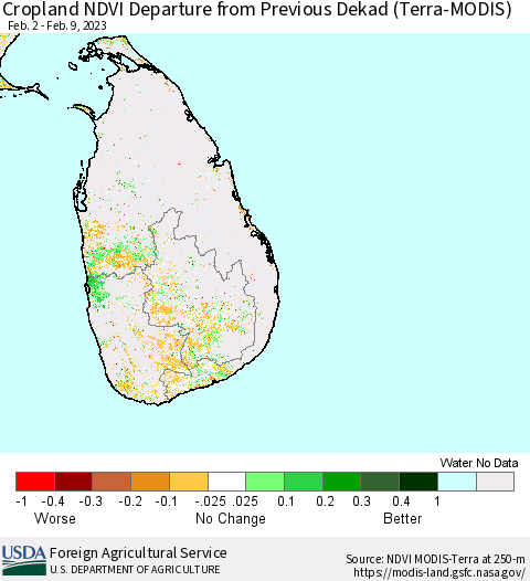 Sri Lanka Cropland NDVI Departure from Previous Dekad (Terra-MODIS) Thematic Map For 2/1/2023 - 2/10/2023