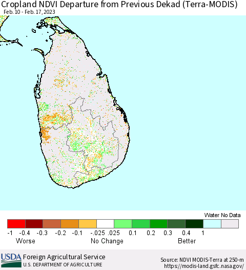 Sri Lanka Cropland NDVI Departure from Previous Dekad (Terra-MODIS) Thematic Map For 2/11/2023 - 2/20/2023