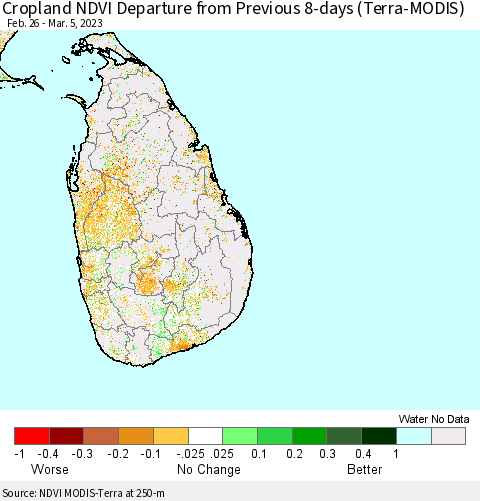 Sri Lanka Cropland NDVI Departure from Previous 8-days (Terra-MODIS) Thematic Map For 2/26/2023 - 3/5/2023