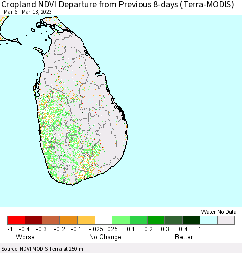 Sri Lanka Cropland NDVI Departure from Previous 8-days (Terra-MODIS) Thematic Map For 3/6/2023 - 3/13/2023