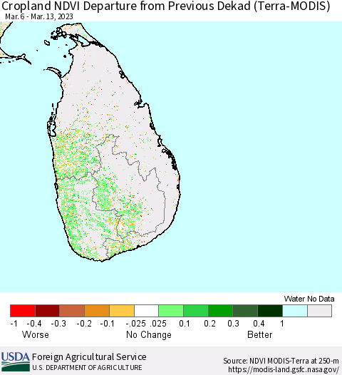 Sri Lanka Cropland NDVI Departure from Previous Dekad (Terra-MODIS) Thematic Map For 3/11/2023 - 3/20/2023