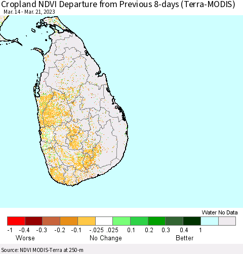 Sri Lanka Cropland NDVI Departure from Previous 8-days (Terra-MODIS) Thematic Map For 3/14/2023 - 3/21/2023