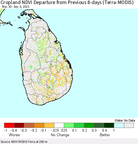 Sri Lanka Cropland NDVI Departure from Previous 8-days (Terra-MODIS) Thematic Map For 3/30/2023 - 4/6/2023