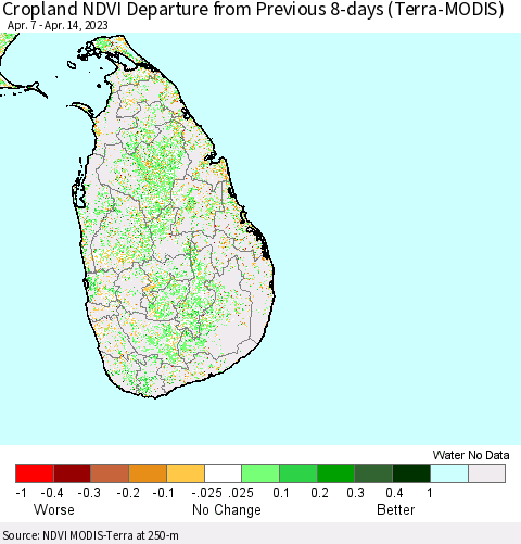 Sri Lanka Cropland NDVI Departure from Previous 8-days (Terra-MODIS) Thematic Map For 4/7/2023 - 4/14/2023