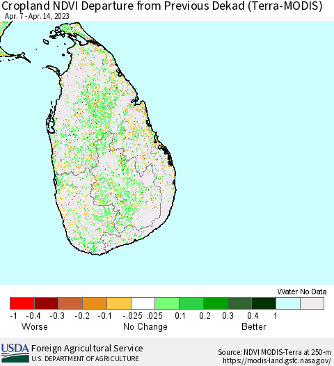 Sri Lanka Cropland NDVI Departure from Previous Dekad (Terra-MODIS) Thematic Map For 4/11/2023 - 4/20/2023