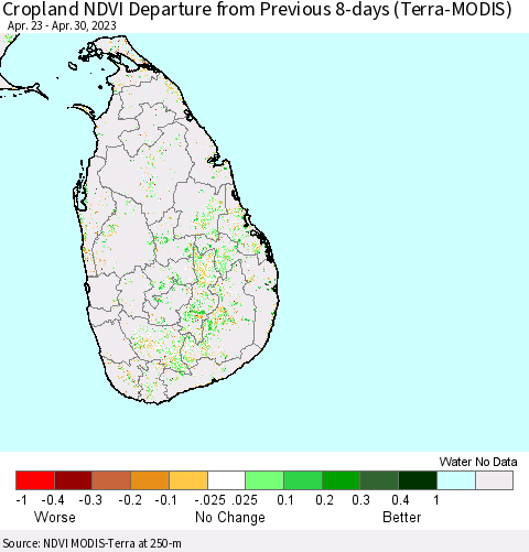Sri Lanka Cropland NDVI Departure from Previous Dekad (Terra-MODIS) Thematic Map For 4/21/2023 - 4/30/2023