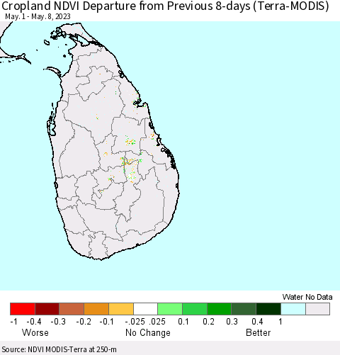 Sri Lanka Cropland NDVI Departure from Previous 8-days (Terra-MODIS) Thematic Map For 5/1/2023 - 5/8/2023
