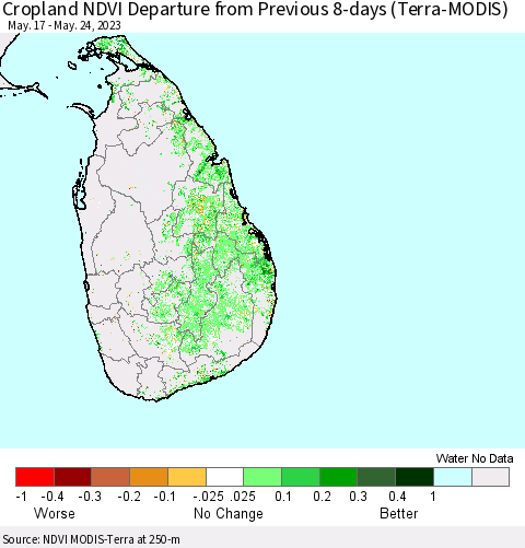 Sri Lanka Cropland NDVI Departure from Previous 8-days (Terra-MODIS) Thematic Map For 5/17/2023 - 5/24/2023