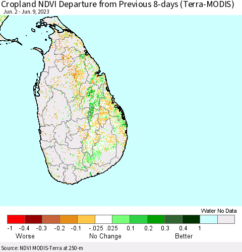 Sri Lanka Cropland NDVI Departure from Previous 8-days (Terra-MODIS) Thematic Map For 6/2/2023 - 6/9/2023