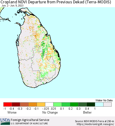 Sri Lanka Cropland NDVI Departure from Previous Dekad (Terra-MODIS) Thematic Map For 6/1/2023 - 6/10/2023