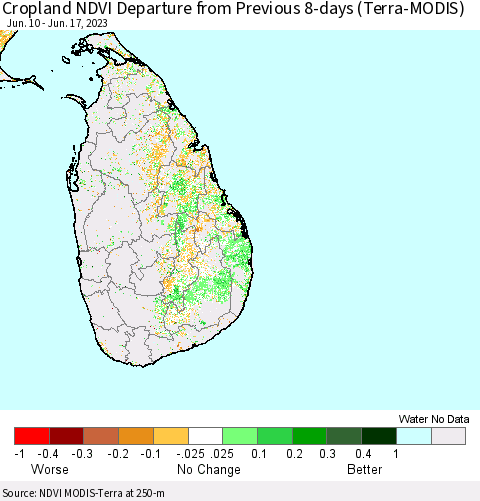 Sri Lanka Cropland NDVI Departure from Previous 8-days (Terra-MODIS) Thematic Map For 6/10/2023 - 6/17/2023