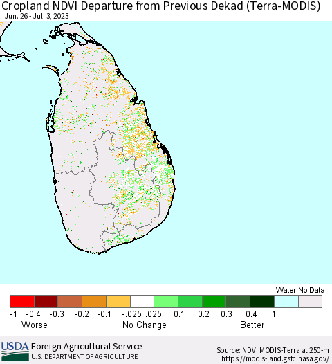Sri Lanka Cropland NDVI Departure from Previous Dekad (Terra-MODIS) Thematic Map For 7/1/2023 - 7/10/2023