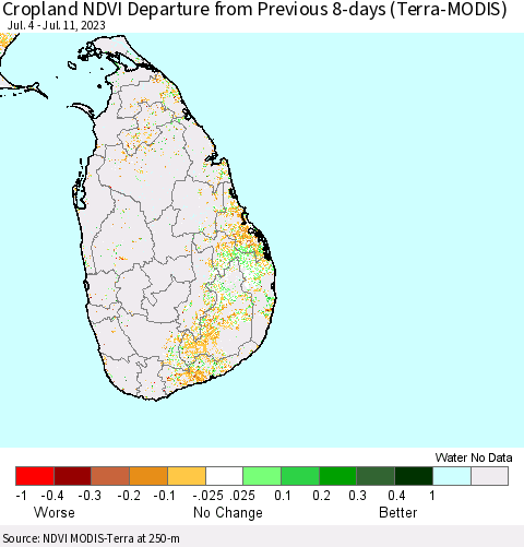 Sri Lanka Cropland NDVI Departure from Previous 8-days (Terra-MODIS) Thematic Map For 7/4/2023 - 7/11/2023