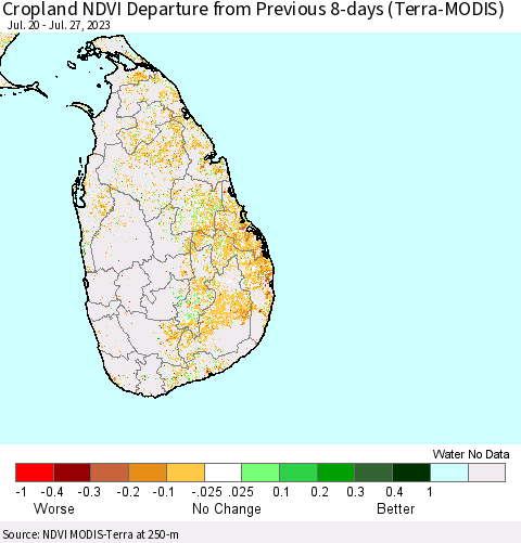 Sri Lanka Cropland NDVI Departure from Previous 8-days (Terra-MODIS) Thematic Map For 7/20/2023 - 7/27/2023