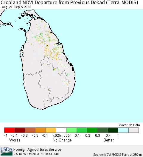 Sri Lanka Cropland NDVI Departure from Previous Dekad (Terra-MODIS) Thematic Map For 9/1/2023 - 9/10/2023