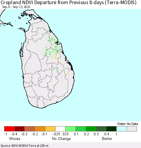 Sri Lanka Cropland NDVI Departure from Previous 8-days (Terra-MODIS) Thematic Map For 9/6/2023 - 9/13/2023