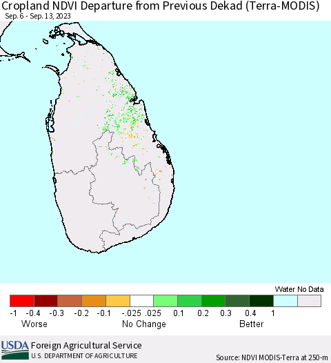 Sri Lanka Cropland NDVI Departure from Previous Dekad (Terra-MODIS) Thematic Map For 9/11/2023 - 9/20/2023