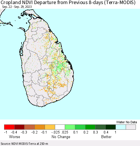 Sri Lanka Cropland NDVI Departure from Previous 8-days (Terra-MODIS) Thematic Map For 9/22/2023 - 9/29/2023