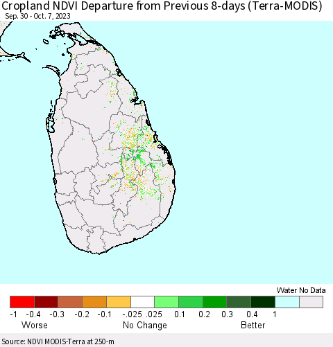 Sri Lanka Cropland NDVI Departure from Previous 8-days (Terra-MODIS) Thematic Map For 9/30/2023 - 10/7/2023