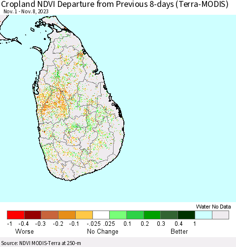 Sri Lanka Cropland NDVI Departure from Previous 8-days (Terra-MODIS) Thematic Map For 11/1/2023 - 11/8/2023