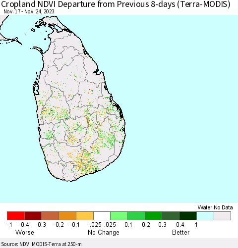 Sri Lanka Cropland NDVI Departure from Previous 8-days (Terra-MODIS) Thematic Map For 11/17/2023 - 11/24/2023