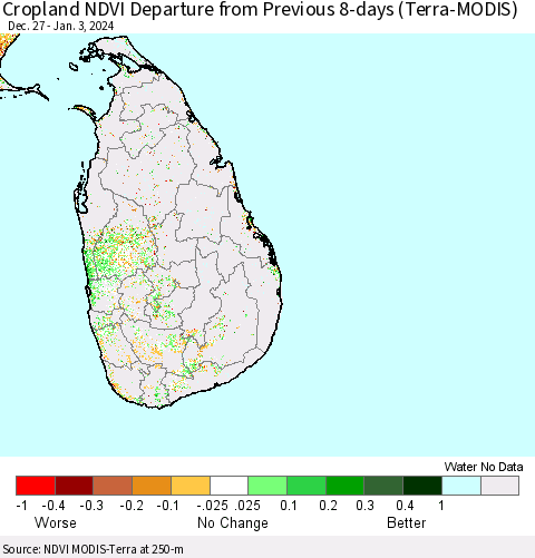 Sri Lanka Cropland NDVI Departure from Previous 8-days (Terra-MODIS) Thematic Map For 12/27/2023 - 1/3/2024