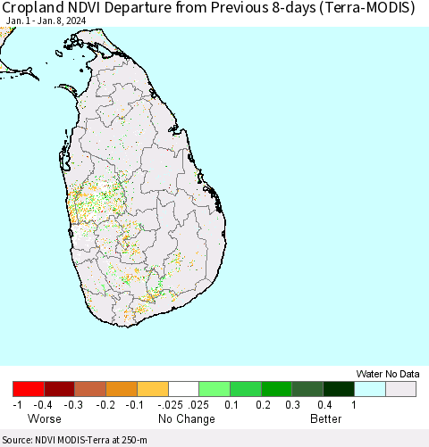 Sri Lanka Cropland NDVI Departure from Previous 8-days (Terra-MODIS) Thematic Map For 1/1/2024 - 1/8/2024