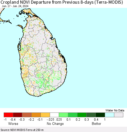 Sri Lanka Cropland NDVI Departure from Previous 8-days (Terra-MODIS) Thematic Map For 1/17/2024 - 1/24/2024