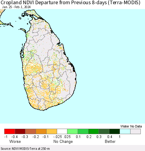 Sri Lanka Cropland NDVI Departure from Previous 8-days (Terra-MODIS) Thematic Map For 1/25/2024 - 2/1/2024