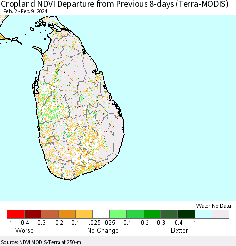 Sri Lanka Cropland NDVI Departure from Previous 8-days (Terra-MODIS) Thematic Map For 2/2/2024 - 2/9/2024