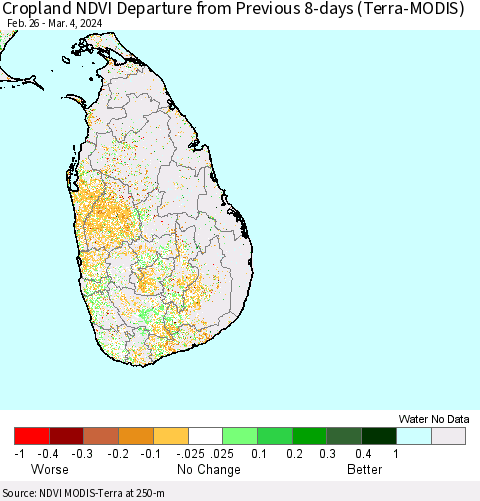 Sri Lanka Cropland NDVI Departure from Previous 8-days (Terra-MODIS) Thematic Map For 2/26/2024 - 3/4/2024