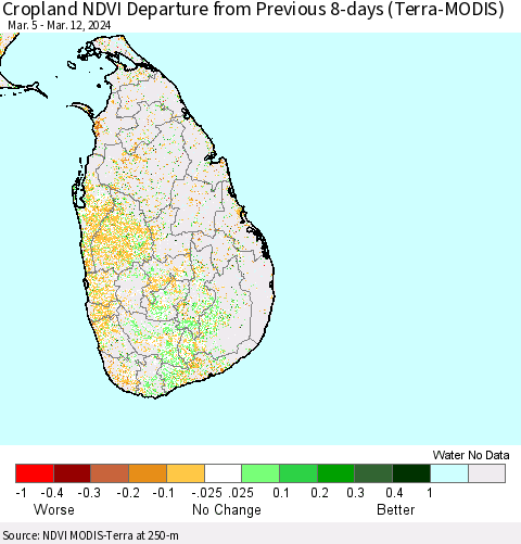 Sri Lanka Cropland NDVI Departure from Previous 8-days (Terra-MODIS) Thematic Map For 3/5/2024 - 3/12/2024