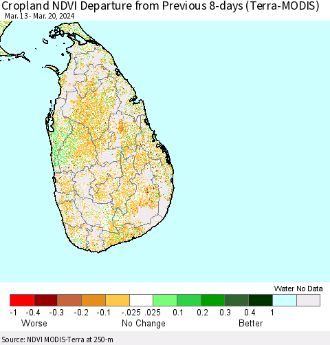 Sri Lanka Cropland NDVI Departure from Previous 8-days (Terra-MODIS) Thematic Map For 3/13/2024 - 3/20/2024