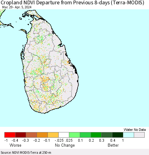 Sri Lanka Cropland NDVI Departure from Previous 8-days (Terra-MODIS) Thematic Map For 3/29/2024 - 4/5/2024