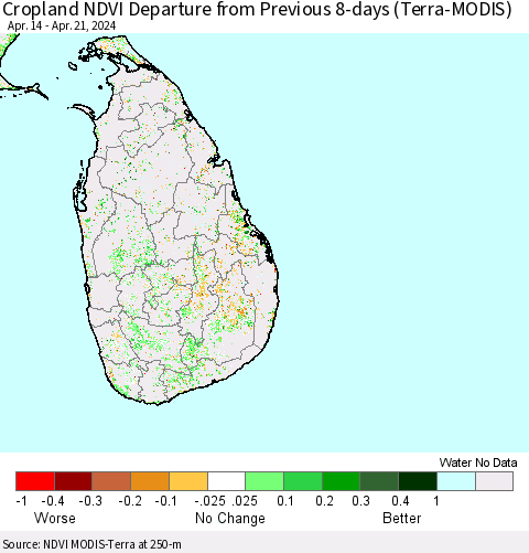 Sri Lanka Cropland NDVI Departure from Previous 8-days (Terra-MODIS) Thematic Map For 4/14/2024 - 4/21/2024