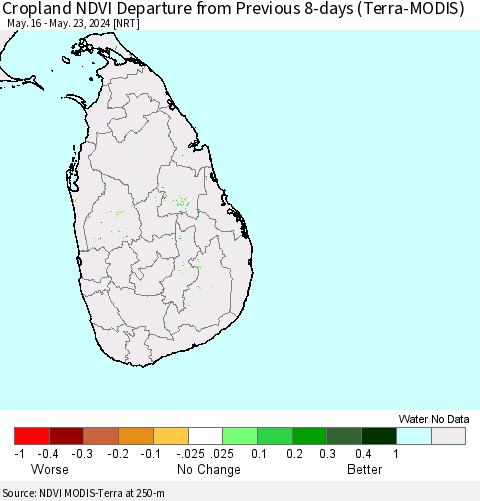 Sri Lanka Cropland NDVI Departure from Previous 8-days (Terra-MODIS) Thematic Map For 5/16/2024 - 5/23/2024