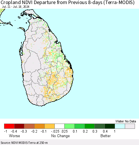 Sri Lanka Cropland NDVI Departure from Previous 8-days (Terra-MODIS) Thematic Map For 7/11/2024 - 7/18/2024