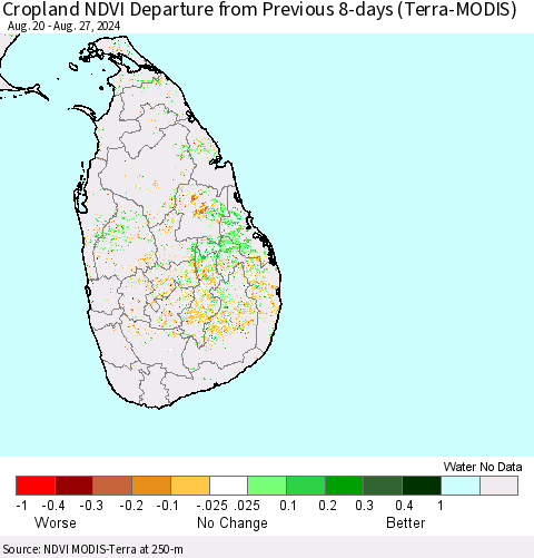 Sri Lanka Cropland NDVI Departure from Previous 8-days (Terra-MODIS) Thematic Map For 8/20/2024 - 8/27/2024