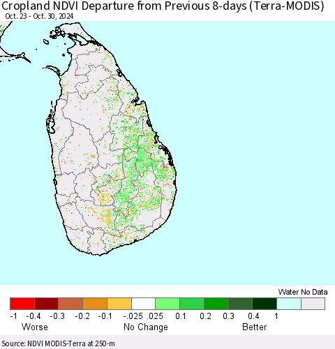 Sri Lanka Cropland NDVI Departure from Previous 8-days (Terra-MODIS) Thematic Map For 10/23/2024 - 10/30/2024