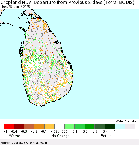 Sri Lanka Cropland NDVI Departure from Previous 8-days (Terra-MODIS) Thematic Map For 12/26/2024 - 1/2/2025