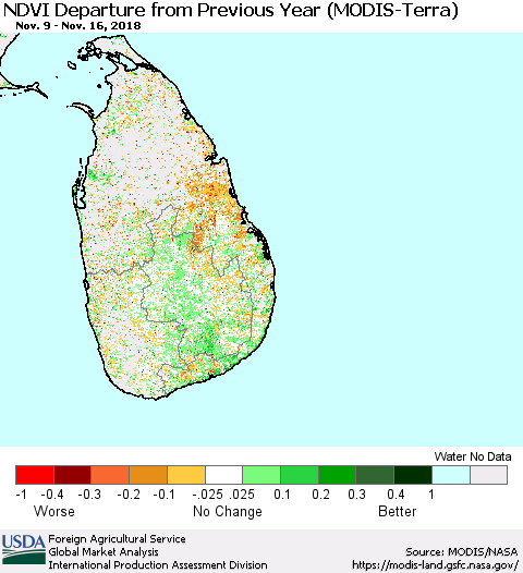 Sri Lanka NDVI Departure from Previous Year (Terra-MODIS) Thematic Map For 11/11/2018 - 11/20/2018
