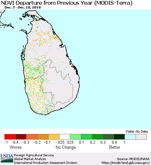 Sri Lanka NDVI Departure from Previous Year (MODIS-Terra) Thematic Map For 12/1/2018 - 12/10/2018