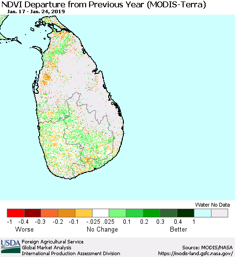 Sri Lanka NDVI Departure from Previous Year (Terra-MODIS) Thematic Map For 1/21/2019 - 1/31/2019