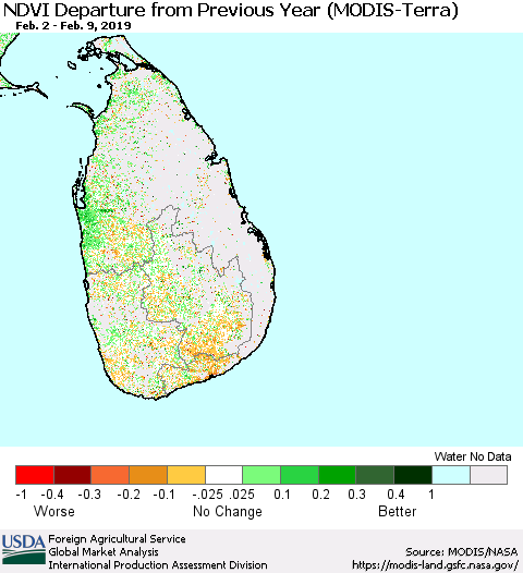 Sri Lanka NDVI Departure from Previous Year (MODIS-Terra) Thematic Map For 2/1/2019 - 2/10/2019