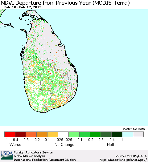 Sri Lanka NDVI Departure from Previous Year (MODIS-Terra) Thematic Map For 2/11/2019 - 2/20/2019