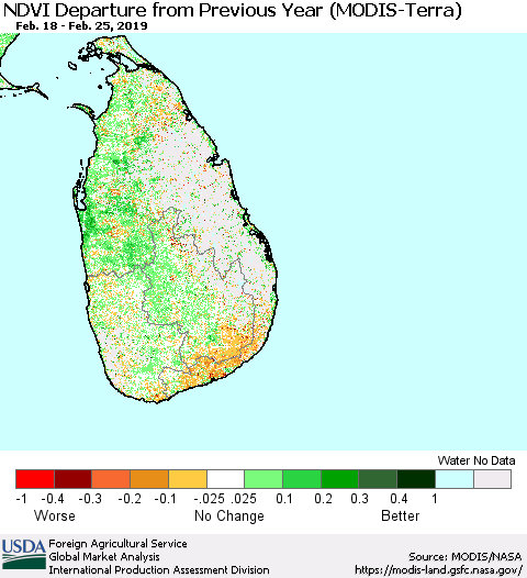 Sri Lanka NDVI Departure from Previous Year (Terra-MODIS) Thematic Map For 2/21/2019 - 2/28/2019