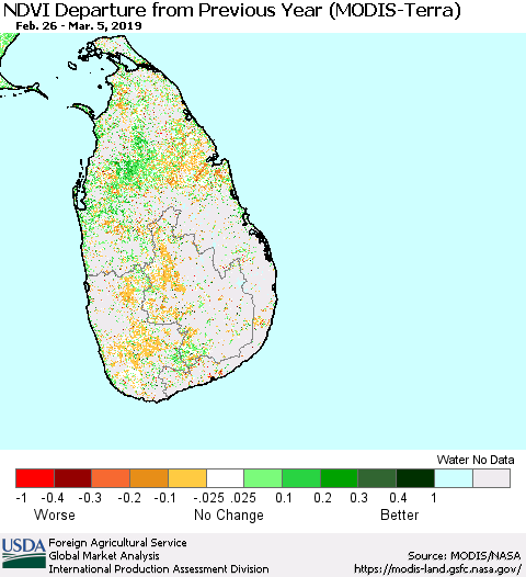 Sri Lanka NDVI Departure from Previous Year (MODIS-Terra) Thematic Map For 3/1/2019 - 3/10/2019