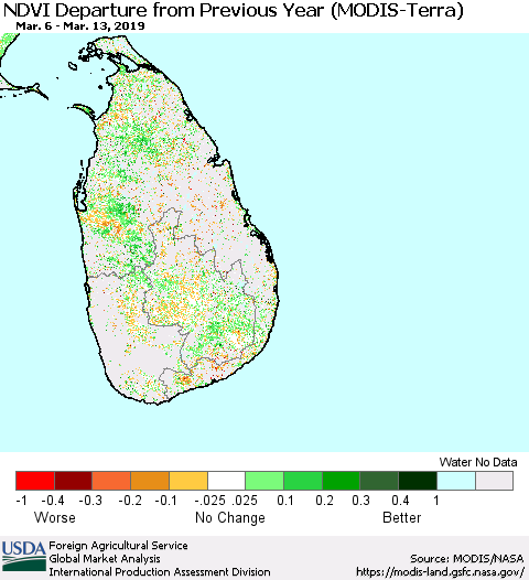 Sri Lanka NDVI Departure from Previous Year (MODIS-Terra) Thematic Map For 3/11/2019 - 3/20/2019