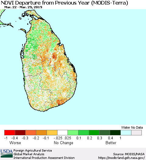 Sri Lanka NDVI Departure from Previous Year (MODIS-Terra) Thematic Map For 3/21/2019 - 3/31/2019